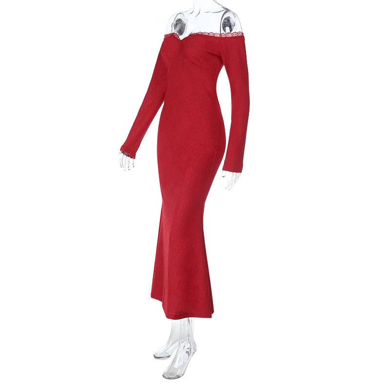 Off shoulder long sleeve lace zip-up maxi dress  | Festival Outfits Women