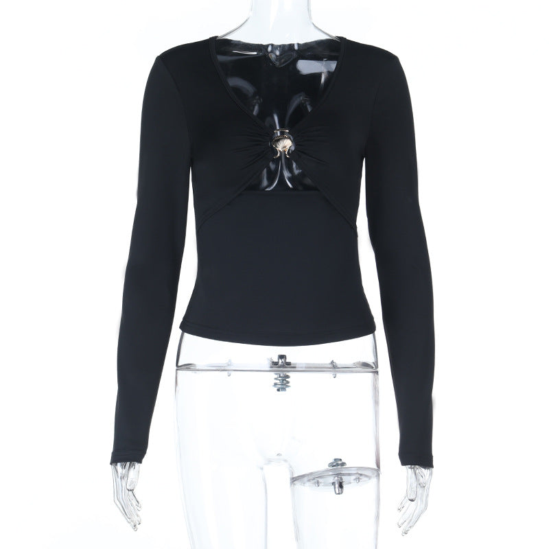 Hollow out v neck long sleeve ruched cut out top  | Festival Outfits Women