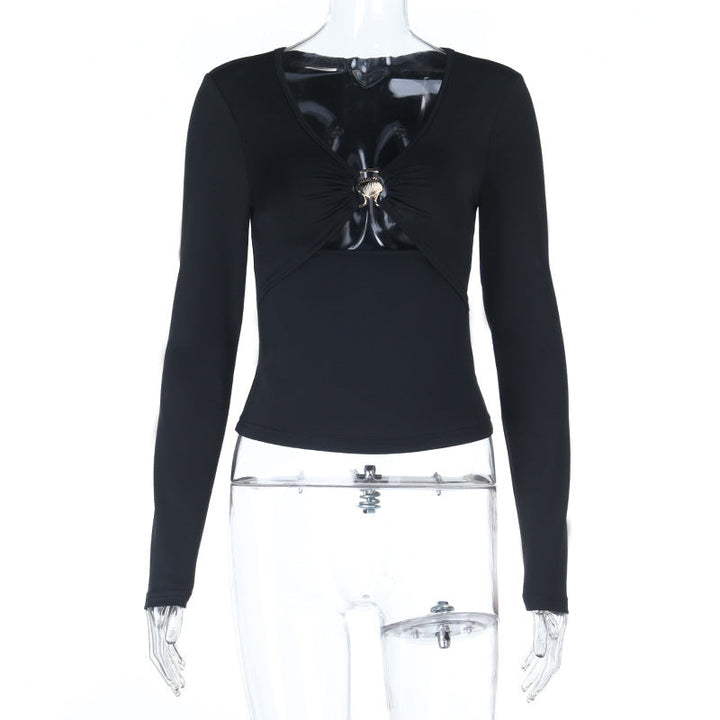 Hollow out v neck long sleeve ruched cut out top  | Festival Outfits Women