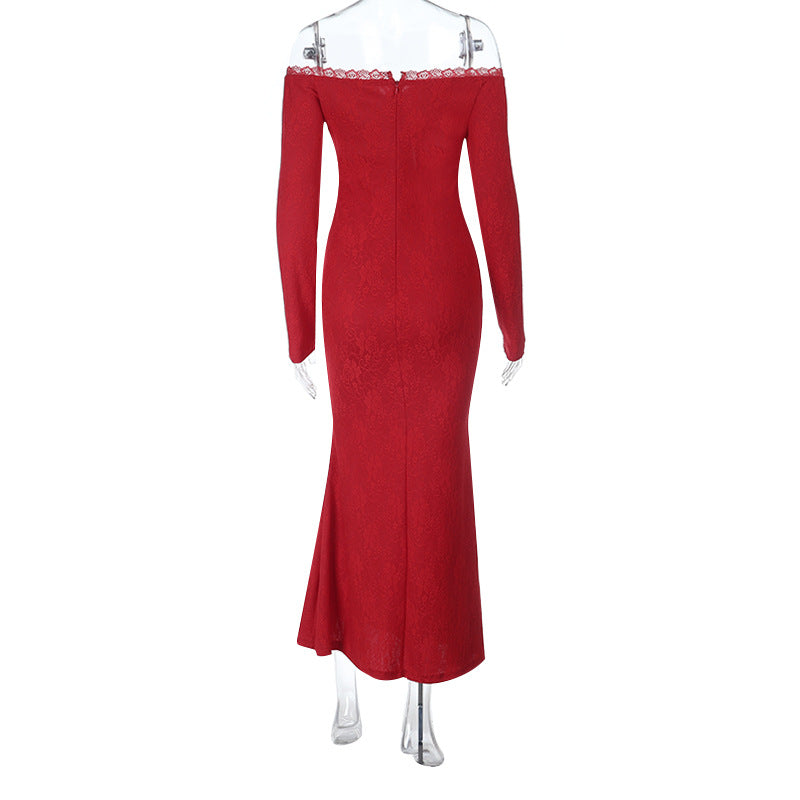Off shoulder long sleeve lace zip-up maxi dress  | Festival Outfits Women