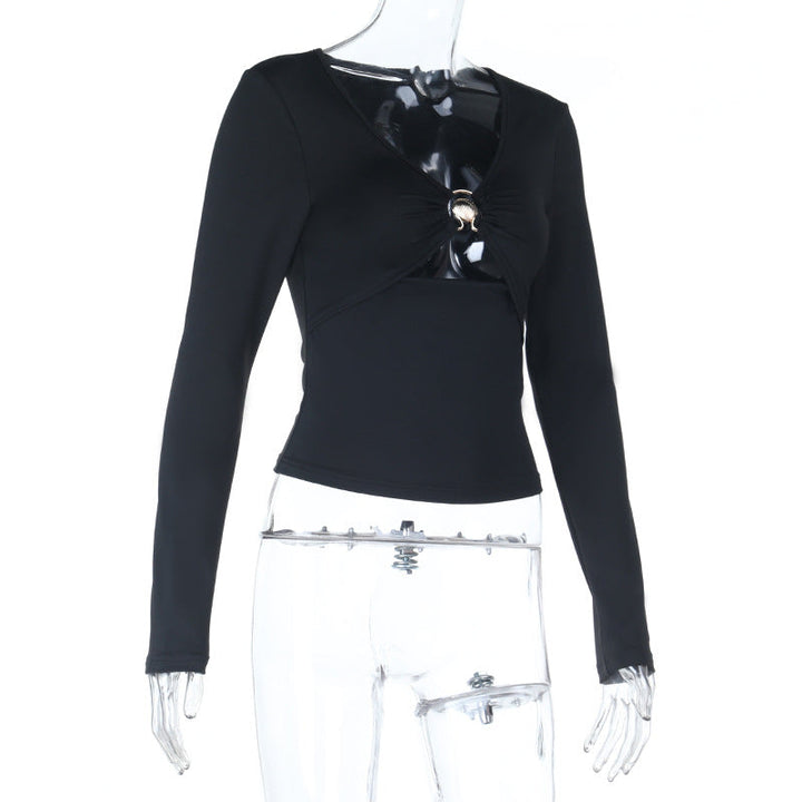 Hollow out v neck long sleeve ruched cut out top  | Festival Outfits Women