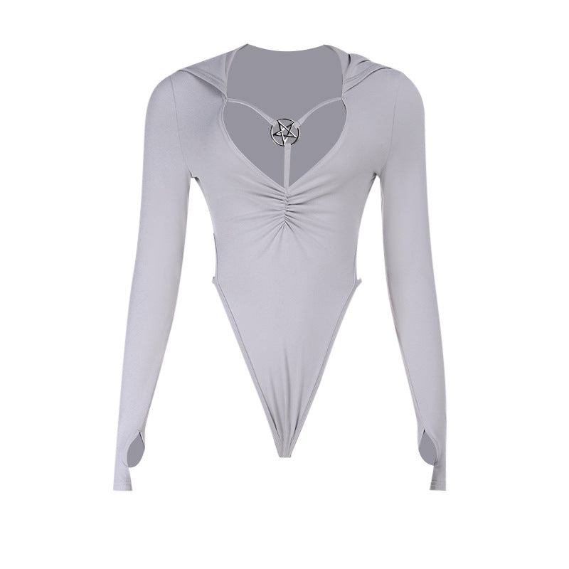 Hoodie long sleeve gloves ruched button bodysuit  | Festival Outfits Women-final-sale