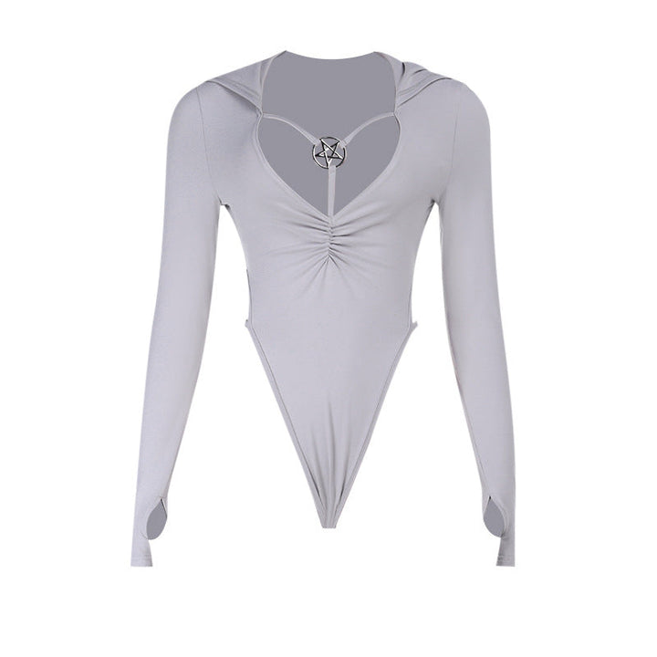 Hoodie long sleeve gloves ruched button bodysuit  | Festival Outfits Women-final-sale