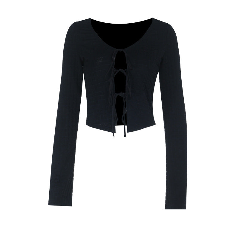 Long sleeve v neck self tie hollow out textured cut out top  | Festival Outfits Women