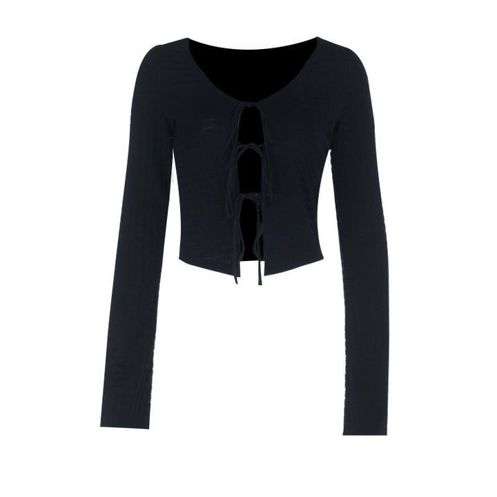 Long sleeve v neck self tie hollow out textured cut out top  | Festival Outfits Women