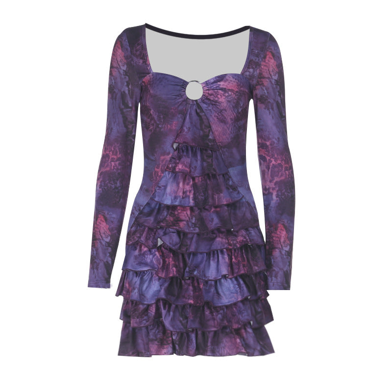 Hollow out o ring long sleeve print ruched cut out mini dress  | Festival Outfits Women