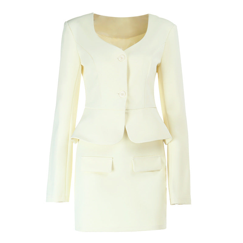 Long sleeve v neck button solid mini skirt set  | Festival Outfits Women