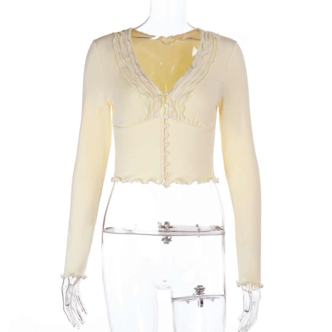 Long sleeve ruffle v neck button solid top  | Festival Outfits Women