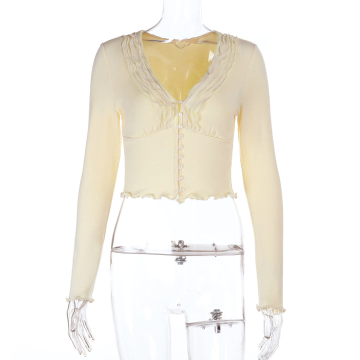 Long sleeve ruffle v neck button solid top  | Festival Outfits Women