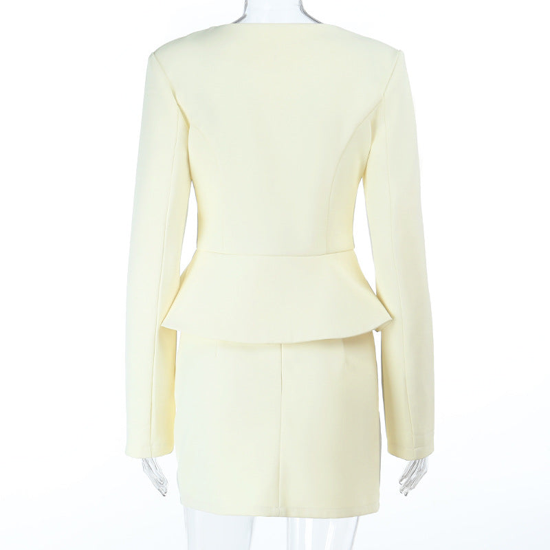 Long sleeve v neck button solid mini skirt set  | Festival Outfits Women