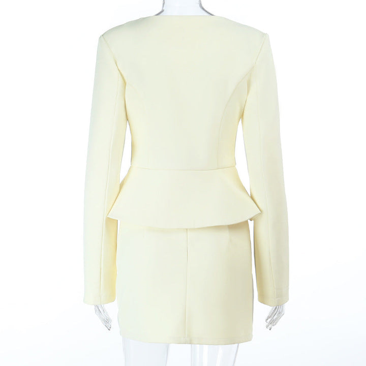Long sleeve v neck button solid mini skirt set  | Festival Outfits Women