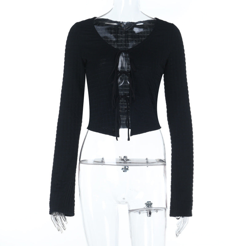 Long sleeve v neck self tie hollow out textured cut out top  | Festival Outfits Women