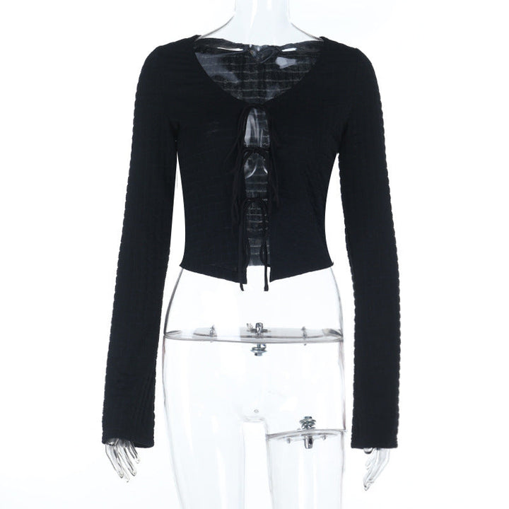 Long sleeve v neck self tie hollow out textured cut out top  | Festival Outfits Women