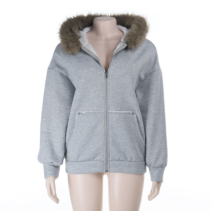 Long sleeve zip-up hoodie fluffy pocket top  | Festival Outfits Women