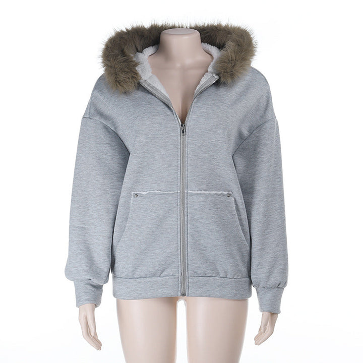 Long sleeve zip-up hoodie fluffy pocket top  | Festival Outfits Women