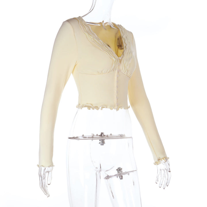 Long sleeve ruffle v neck button solid top  | Festival Outfits Women