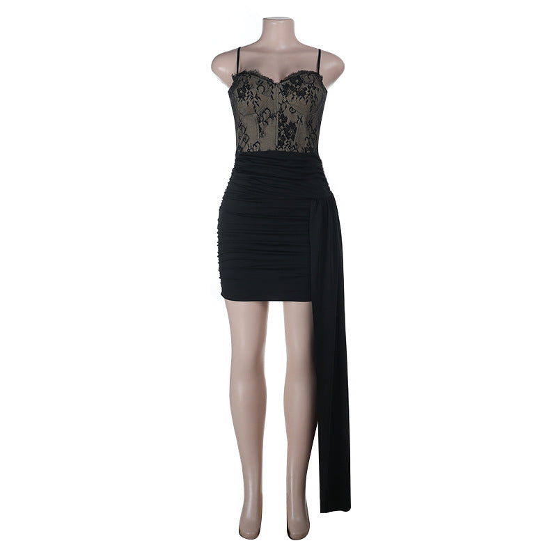 Ruched irregular lace zip-up cami mini dress  | Festival Outfits Women