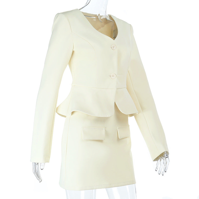 Long sleeve v neck button solid mini skirt set  | Festival Outfits Women