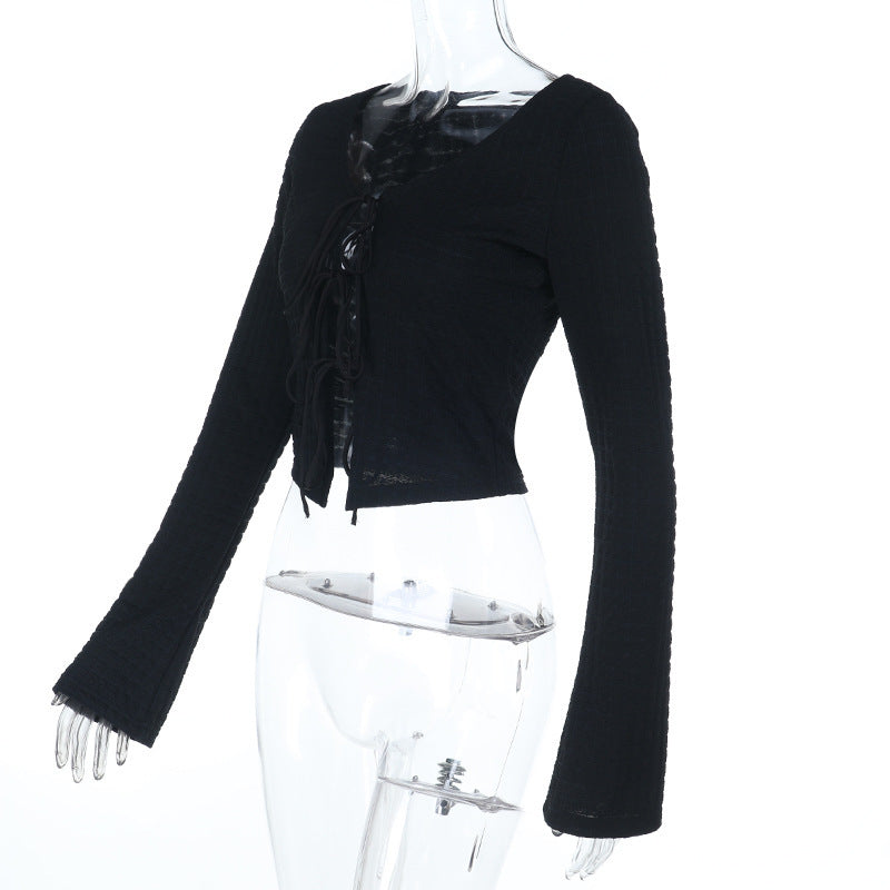 Long sleeve v neck self tie hollow out textured cut out top  | Festival Outfits Women
