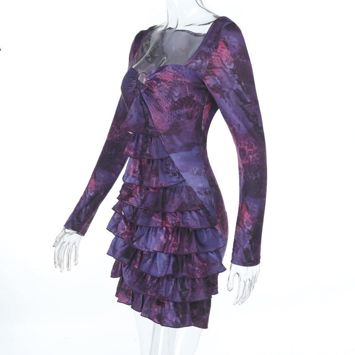 Hollow out o ring long sleeve print ruched cut out mini dress  | Festival Outfits Women