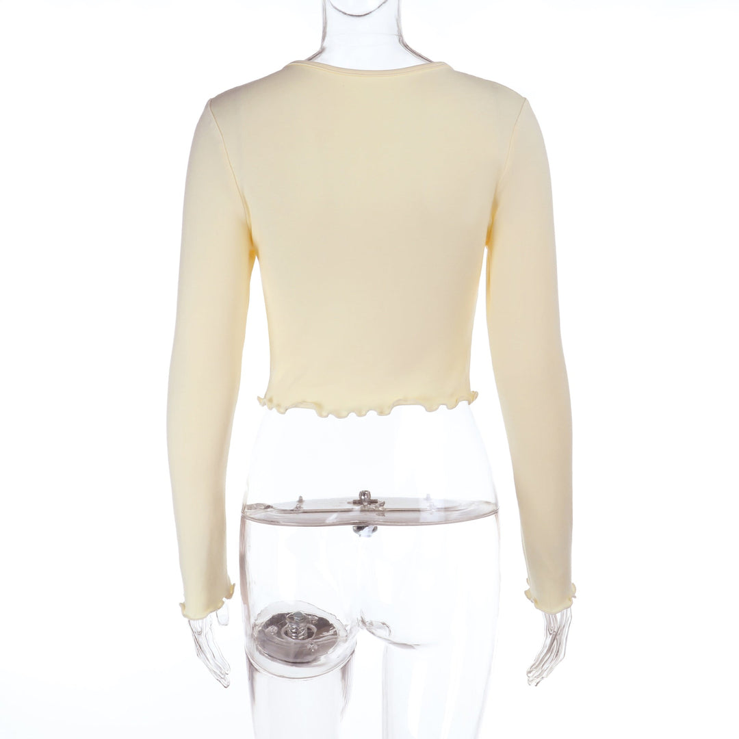 Long sleeve ruffle v neck button solid top  | Festival Outfits Women