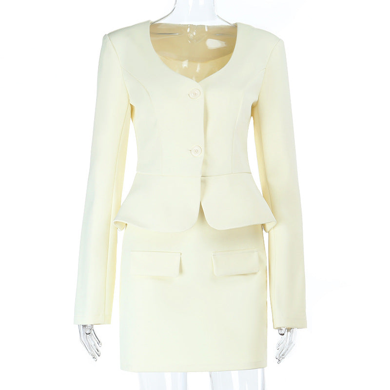 Long sleeve v neck button solid mini skirt set  | Festival Outfits Women