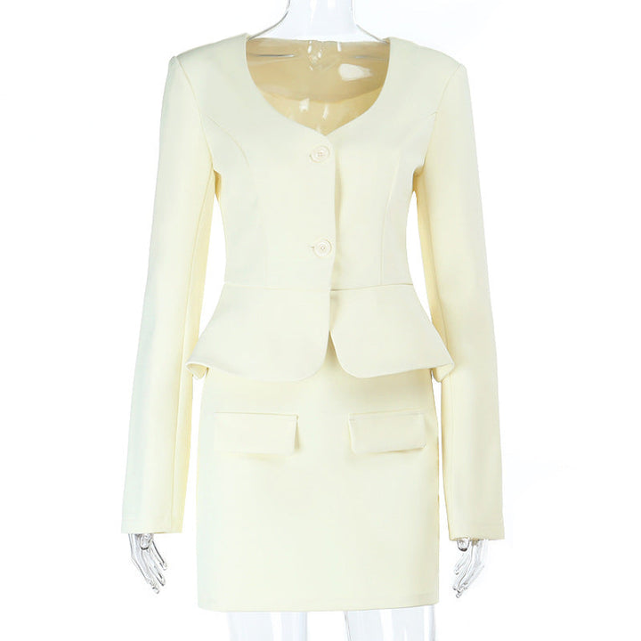Long sleeve v neck button solid mini skirt set  | Festival Outfits Women