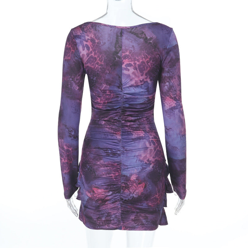 Hollow out o ring long sleeve print ruched cut out mini dress  | Festival Outfits Women