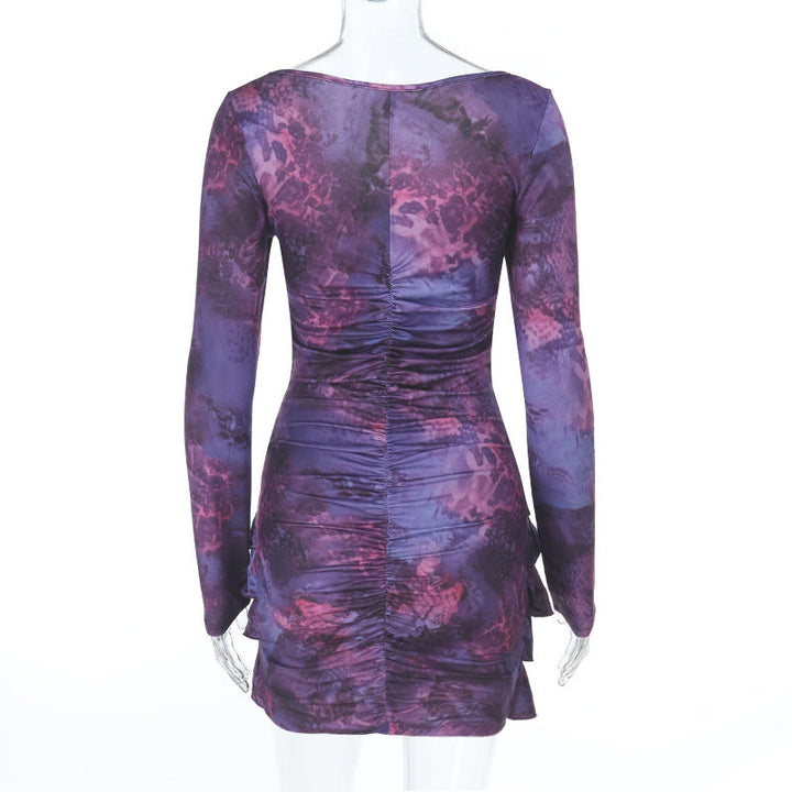 Hollow out o ring long sleeve print ruched cut out mini dress  | Festival Outfits Women