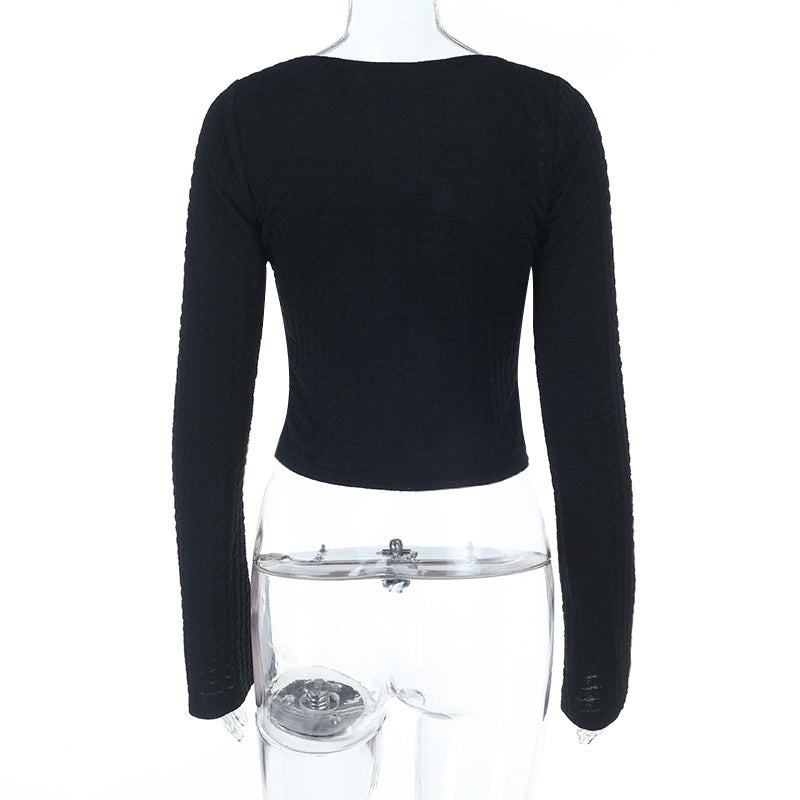 Long sleeve v neck self tie hollow out textured cut out top  | Festival Outfits Women