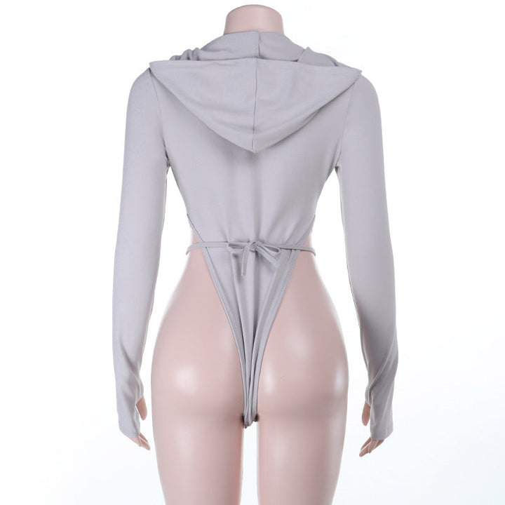Hoodie long sleeve gloves ruched button bodysuit  | Festival Outfits Women-final-sale