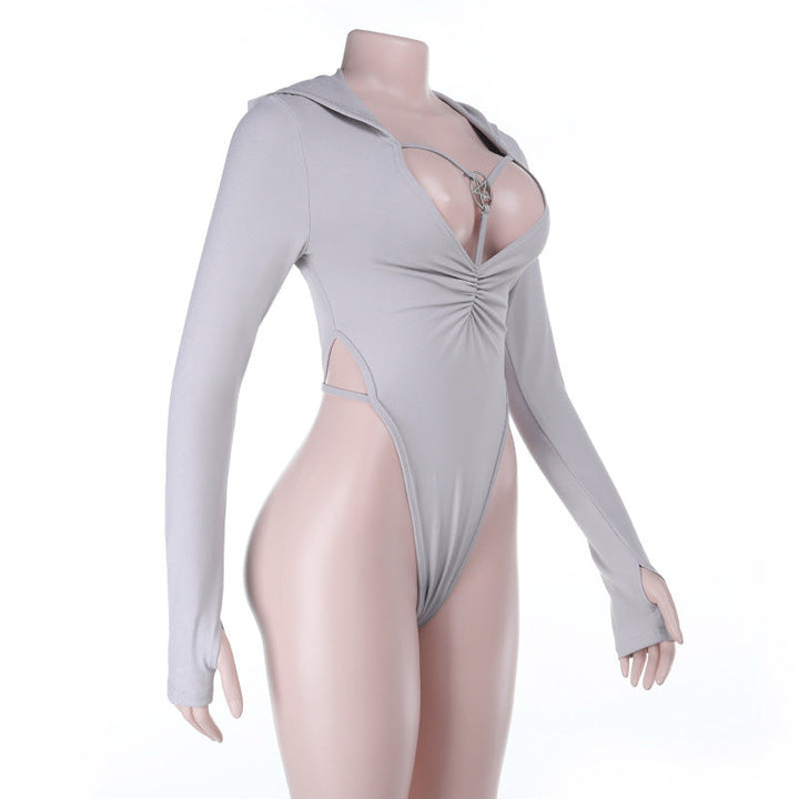 Hoodie long sleeve gloves ruched button bodysuit  | Festival Outfits Women-final-sale