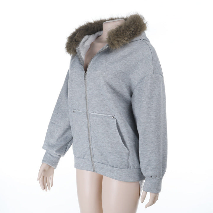 Long sleeve zip-up hoodie fluffy pocket top  | Festival Outfits Women
