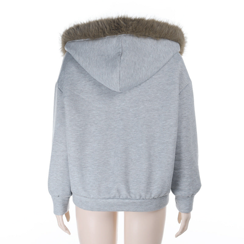 Long sleeve zip-up hoodie fluffy pocket top  | Festival Outfits Women