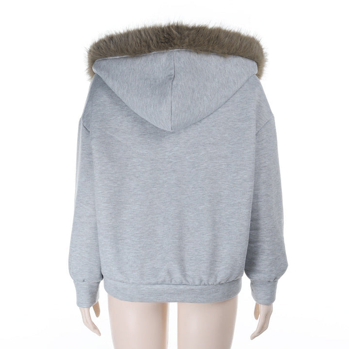 Long sleeve zip-up hoodie fluffy pocket top  | Festival Outfits Women