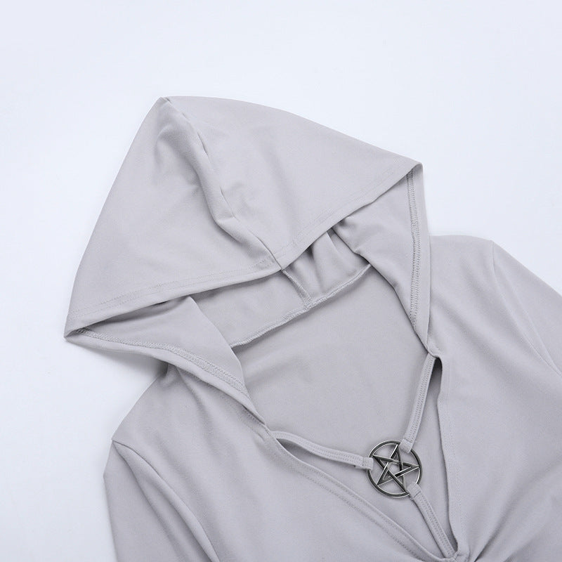 Hoodie long sleeve gloves ruched button bodysuit  | Festival Outfits Women-final-sale