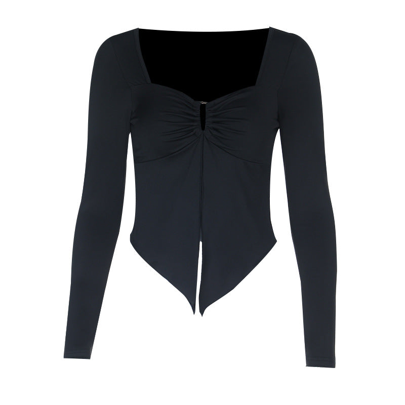 Long sleeve v neck ruched hollow out cut out top  | Festival Outfits Women-final-sale