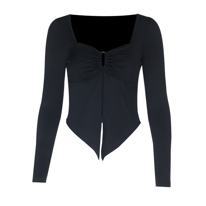 Long sleeve v neck ruched hollow out cut out top  | Festival Outfits Women-final-sale