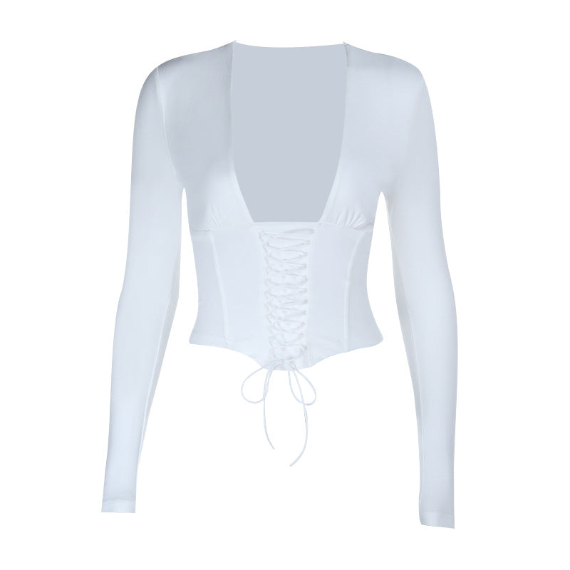 Lace up corset long sleeve solid top  | Festival Outfits Women-final-sale