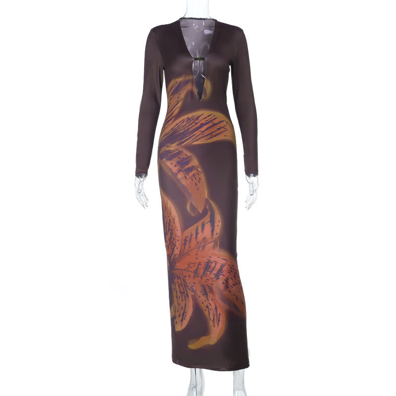 Hollow out beaded long sleeve print cut out maxi dress  | Festival Outfits Women