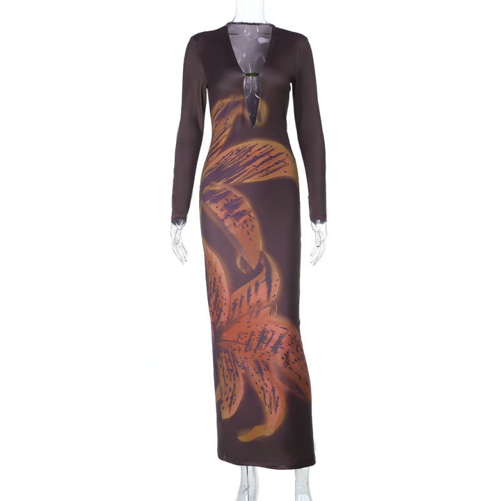 Hollow out beaded long sleeve print cut out maxi dress  | Festival Outfits Women