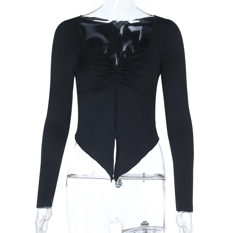 Long sleeve v neck ruched hollow out cut out top  | Festival Outfits Women-final-sale