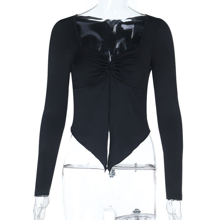 Long sleeve v neck ruched hollow out cut out top  | Festival Outfits Women-final-sale