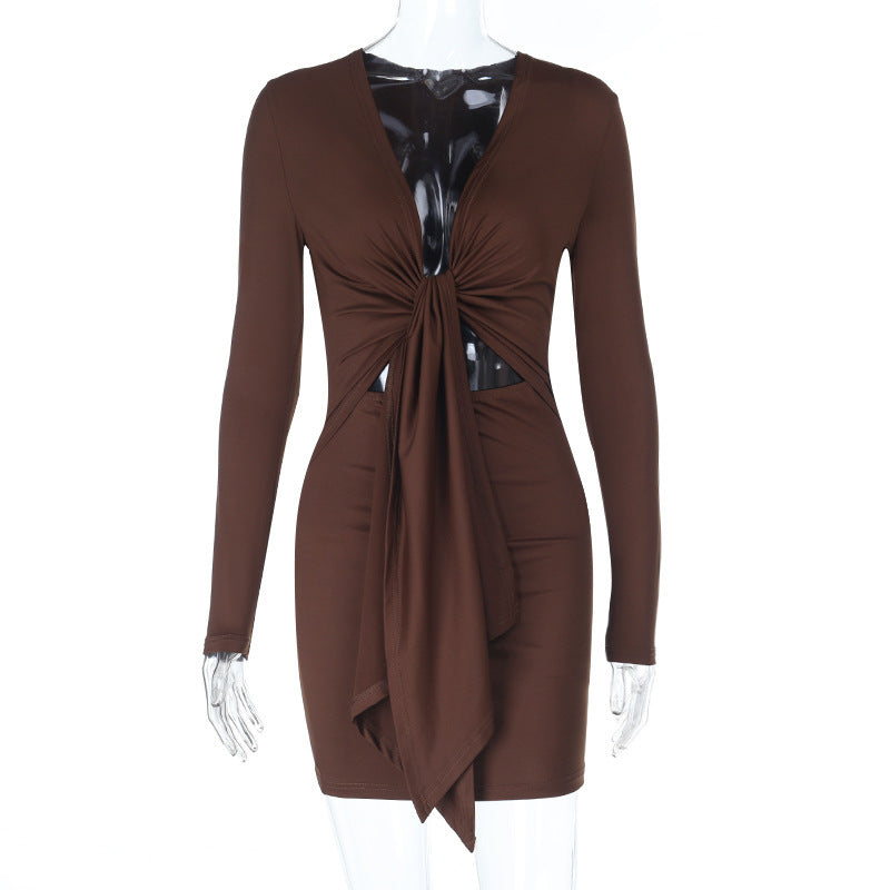 Long sleeve v neck hollow out ruched cut out mini dress  | Festival Outfits Women