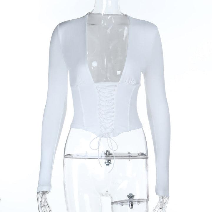 Lace up corset long sleeve solid top  | Festival Outfits Women-final-sale