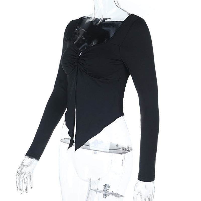 Long sleeve v neck ruched hollow out cut out top  | Festival Outfits Women-final-sale