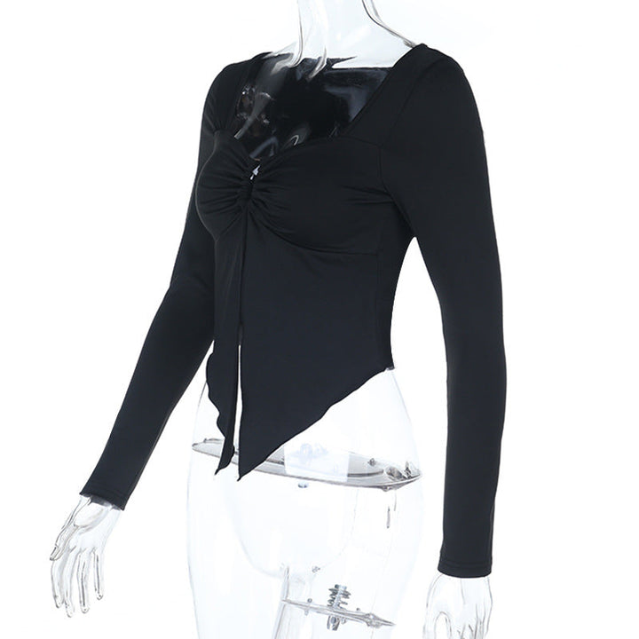 Long sleeve v neck ruched hollow out cut out top  | Festival Outfits Women-final-sale