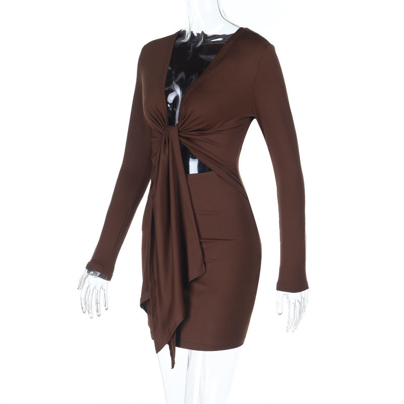 Long sleeve v neck hollow out ruched cut out mini dress  | Festival Outfits Women