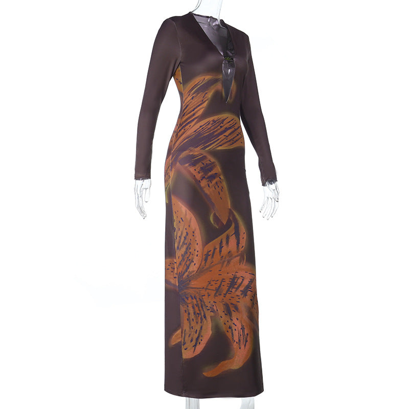 Hollow out beaded long sleeve print cut out maxi dress  | Festival Outfits Women