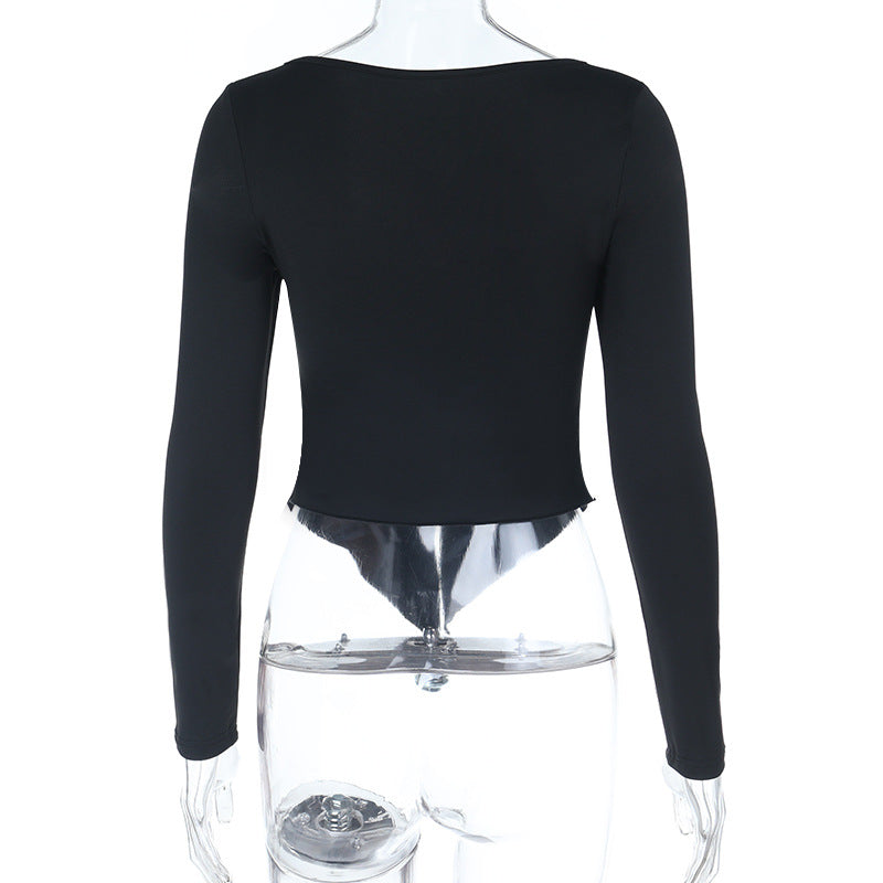 Long sleeve v neck ruched hollow out cut out top  | Festival Outfits Women-final-sale